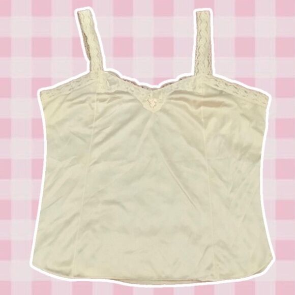 GreenCo Maid Vintage Cream Lace Coquette Dainty Camisole with Pink Bow Large - Picture 1 of 11